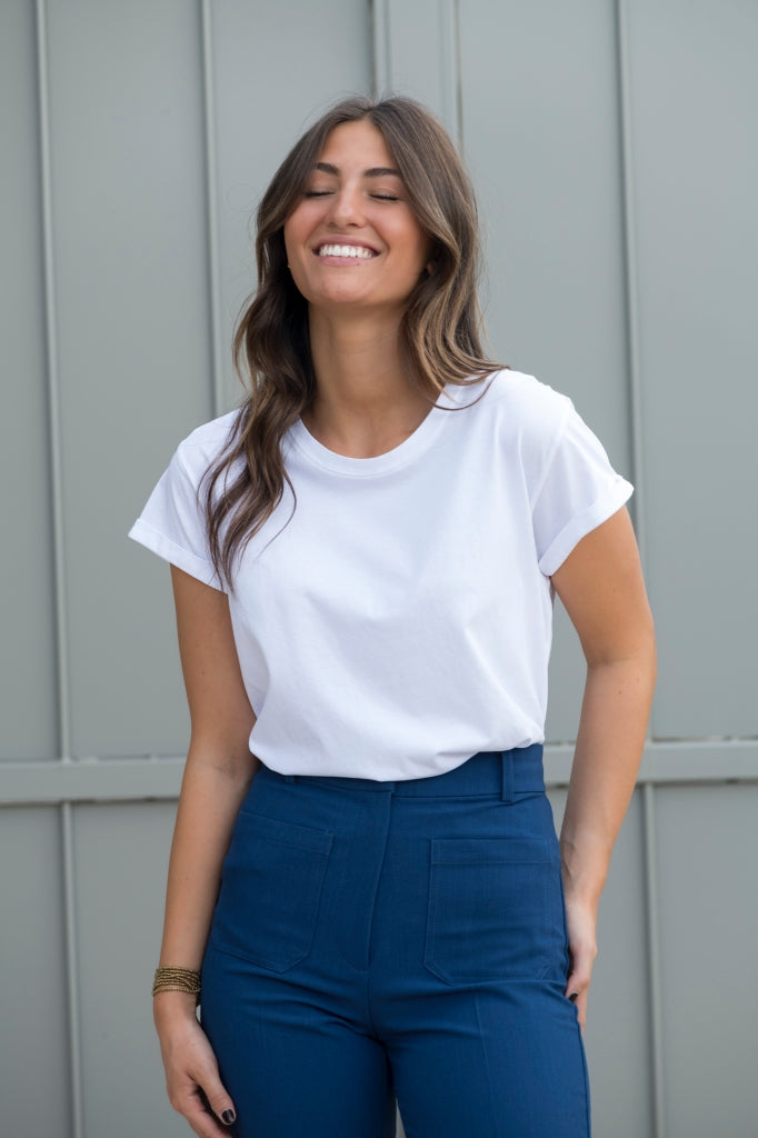 Tee shirt femme manche courte à revers forme droite ajustée col rond encolure ronde super Suny blanc en coton jersey bio GOTS et eco responsable