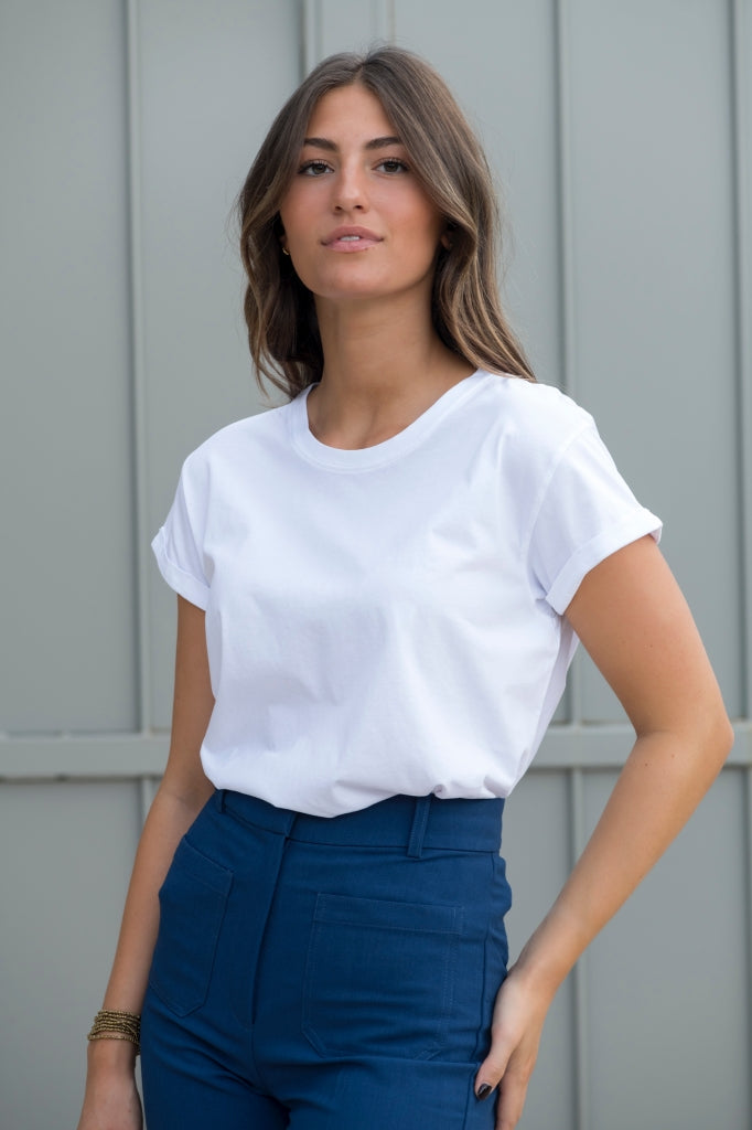 Tee shirt femme manche courte à revers forme droite ajustée col rond encolure ronde super Suny blanc en coton jersey bio GOTS et eco responsable