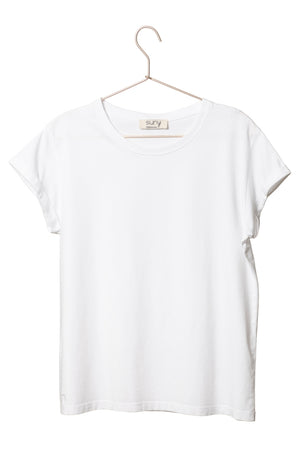 Tee shirt femme manche courte à revers forme droite ajustée col rond encolure ronde super Suny blanc en coton jersey bio GOTS et eco responsable