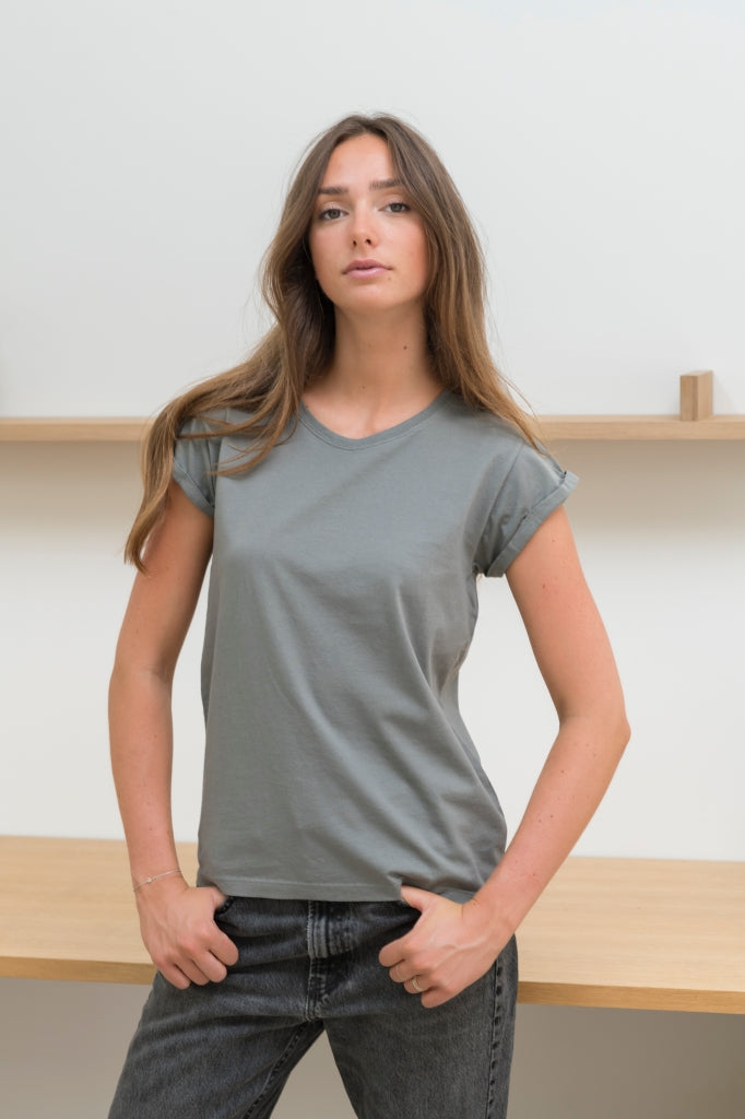 Tee shirt femme à manche courte retournée coupe droite en coton bio certifié GOTS col rond gris kaki, gris, kaki, vert doux, gris vert