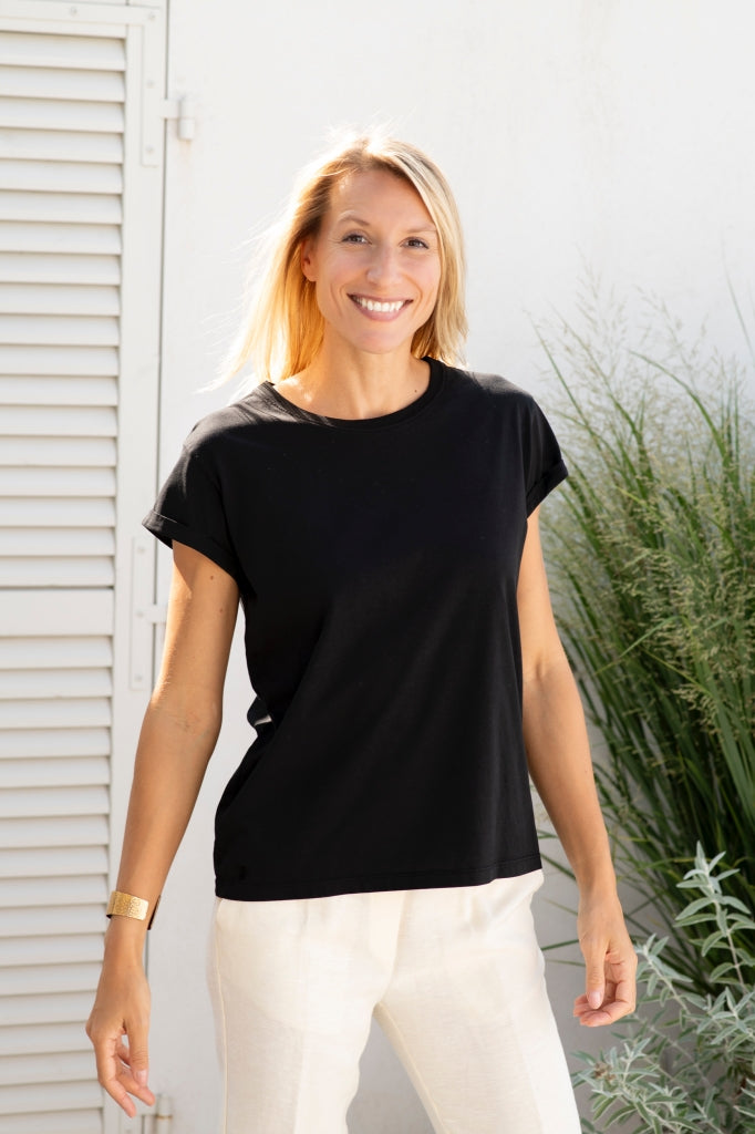 T shirt coton bio eco responsable col rond manche courte forme droite noir uni suny