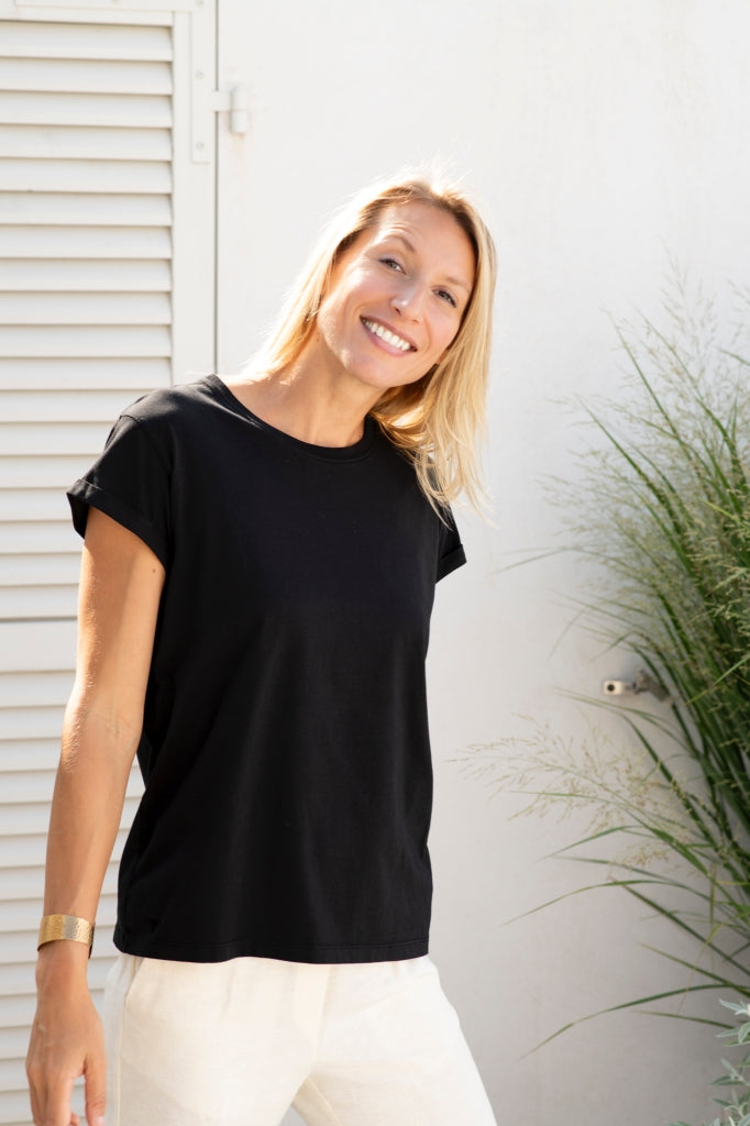 T shirt coton bio eco responsable col rond manche courte forme droite noir uni suny
