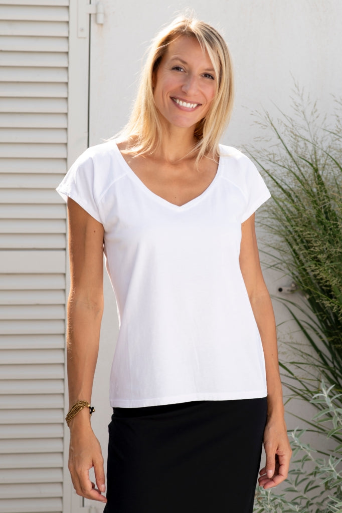 Tee shirt femme manche raglante courte, en coton bio GOTS éco responsable col V blanc beige, blanc cassé