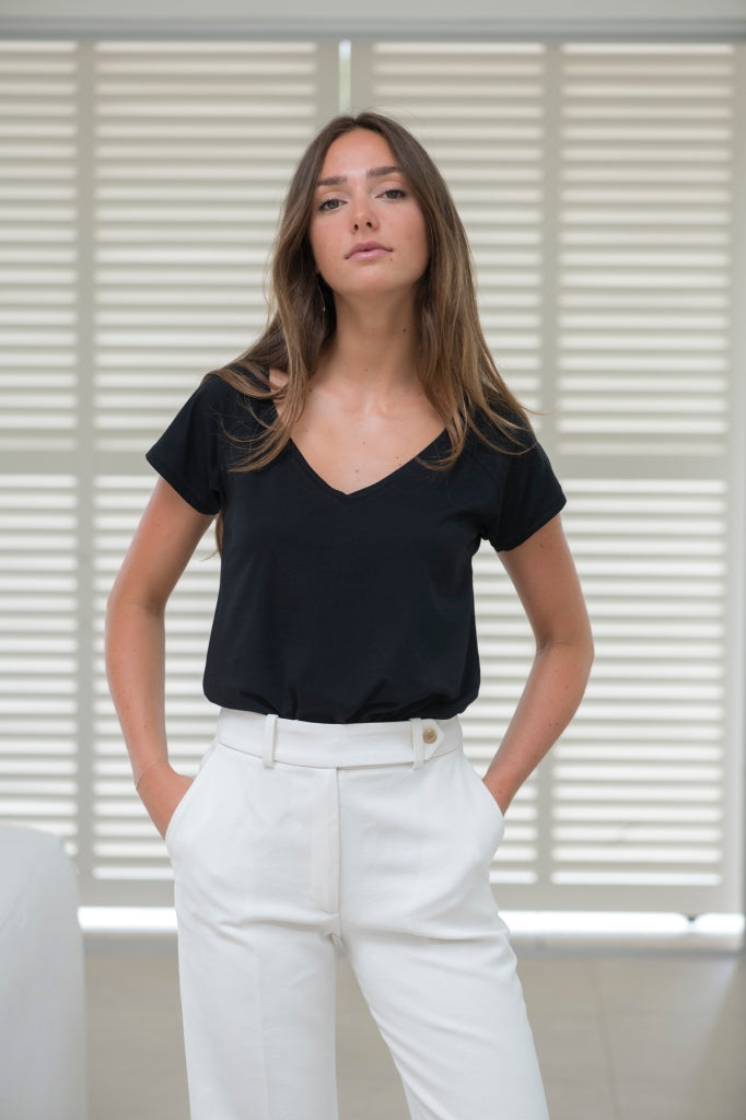 Tee shirt femme manche raglante courte, en coton bio GOTS éco responsable col V noir, charbon, noir intense