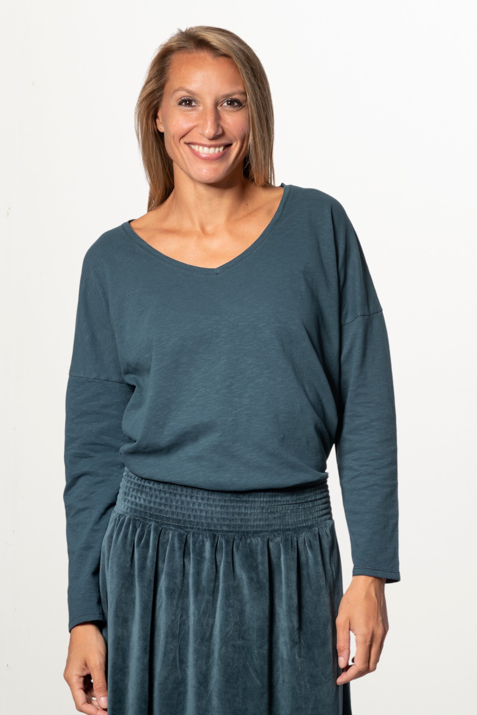 tee shirt 100% biologique manche longue femme col v coton vert bleu canard Extra suny V doux