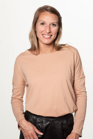 Tee shirt pour femme en coton bio GOTS eco responsable à manche longue, oversize, col rond évasé Extra suny vieux rose rose rose doux rose ancien rose pâle