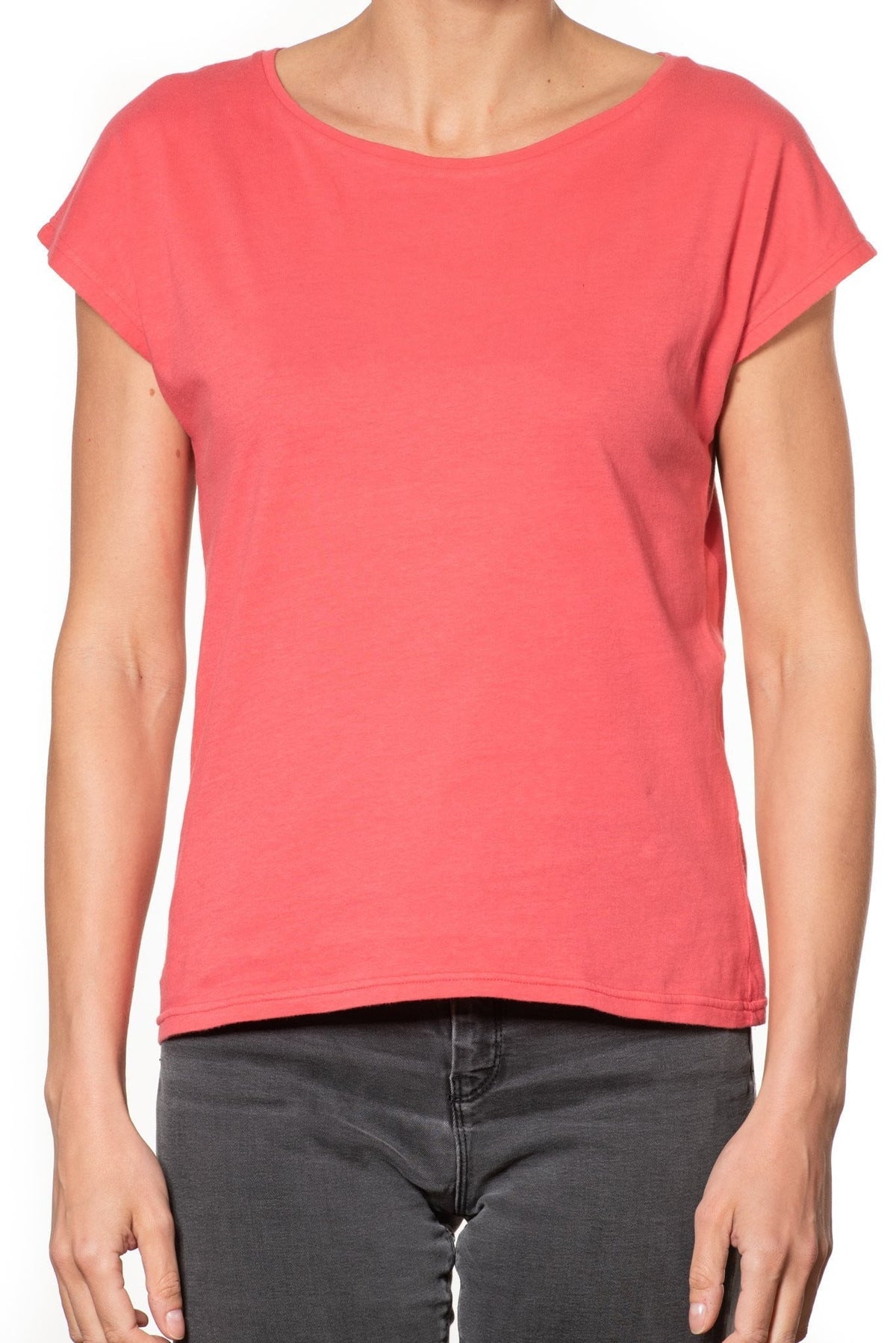 T shirt coton bio eco responsable femme col rond evase manche courte forme ajustée rouge uni suny