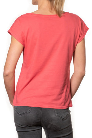 T shirt coton bio eco responsable femme col rond evase manche courte forme ajustée rouge uni suny