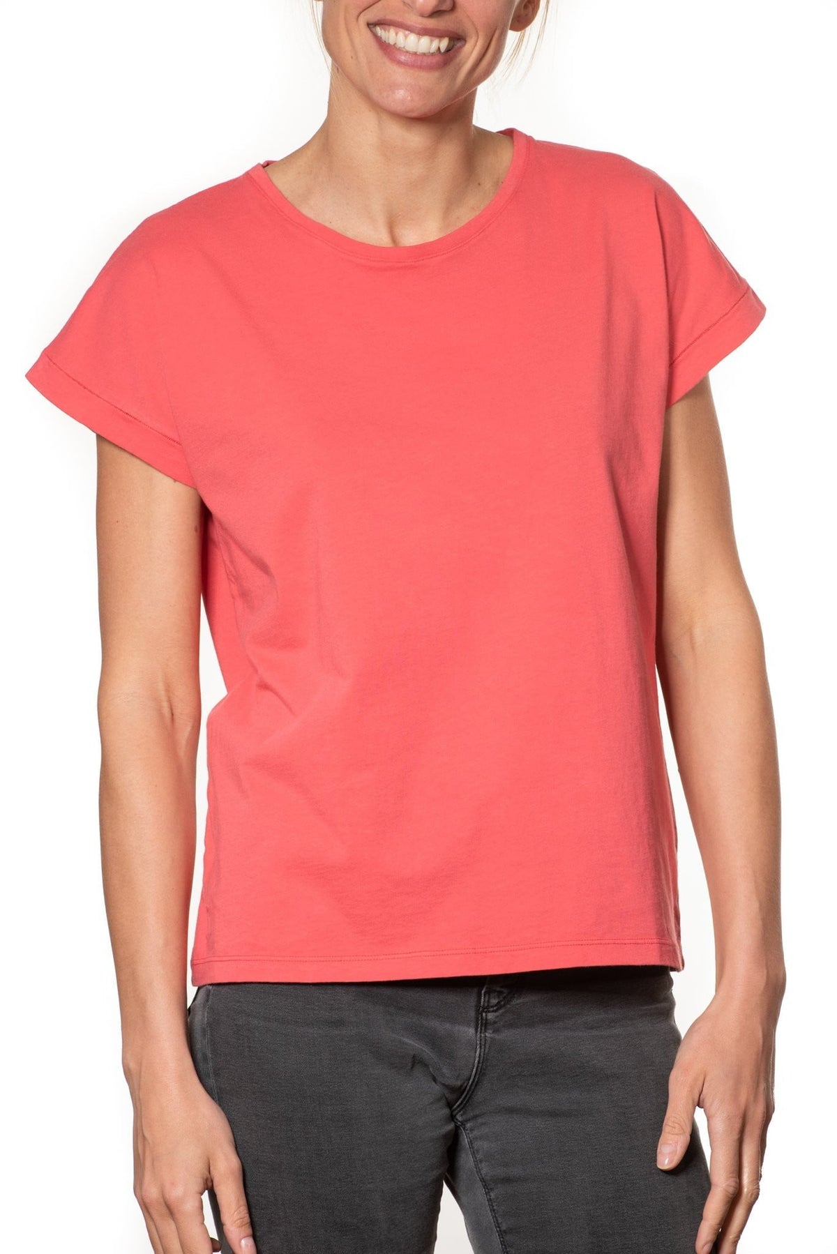 T shirt coton bio eco responsable femme col rond manche courte coupe loose rouge uni suny