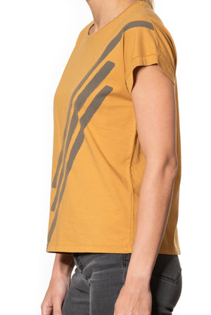 T shirt coton bio eco responsable femme col rond manche courte coupe loose jaune curry print graphique suny