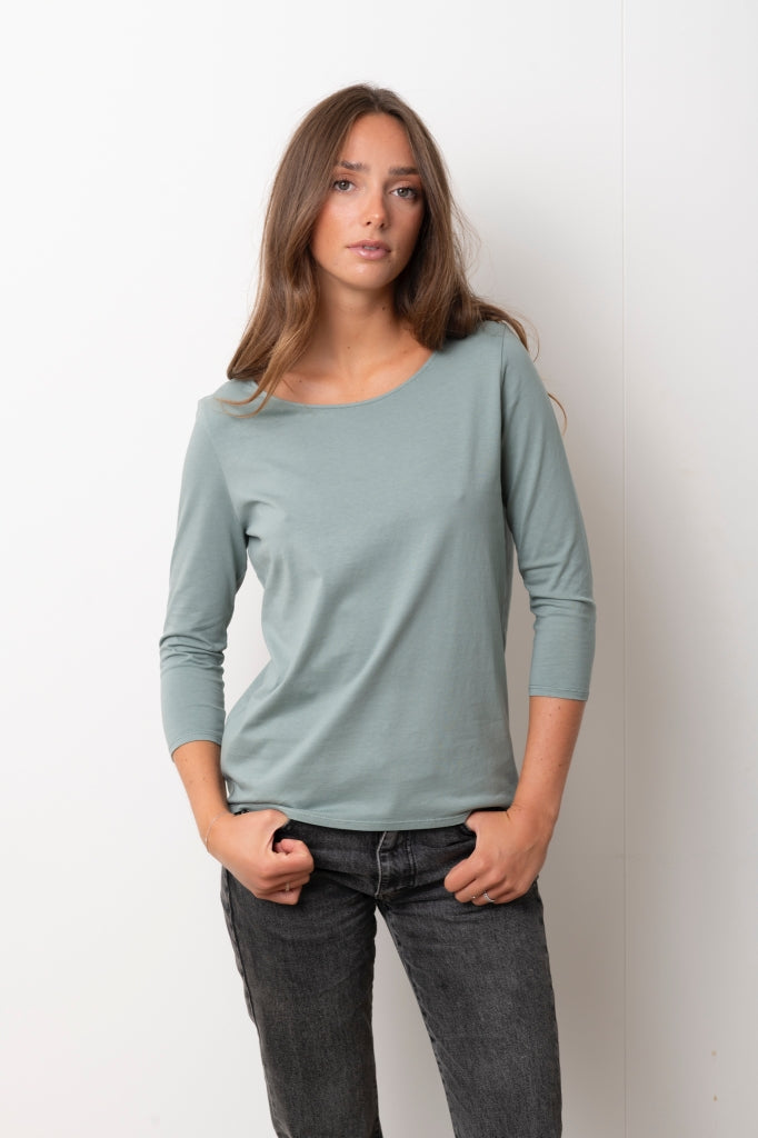 tee shirt col danseuse manche trois quart vert sauge