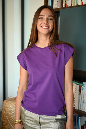 Tee shirt coton bio femme col rond coupe droite manche courte à épaulettes non rigides violet 