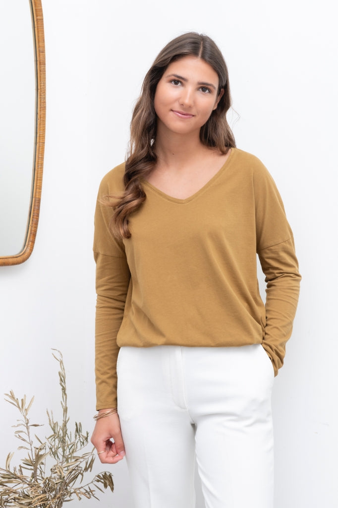 T shirt femme col V manche longue coton bio souple forme oversize HAVANE