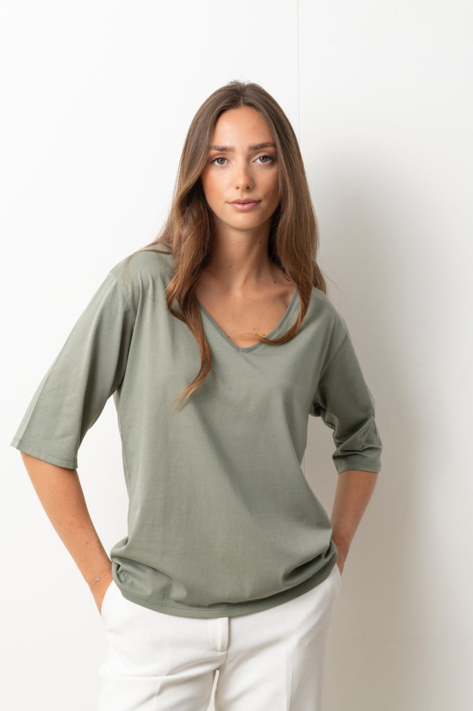 tee shirt FLORA V gris kaki tee shirt femme manche trois quart (3/4) au coude, col V coton bio