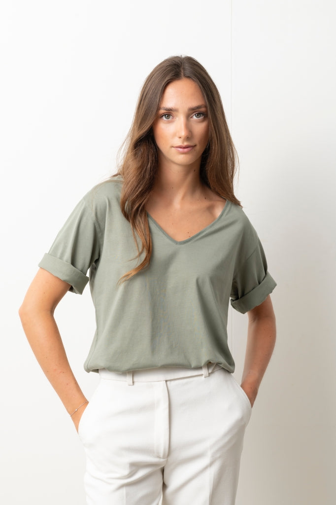 tee shirt FLORA V gris kaki tee shirt femme manche trois quart (3/4) au coude, col V coton bio