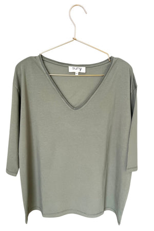 tee shirt FLORA V gris kaki tee shirt femme manche trois quart (3/4) au coude, col V coton bio