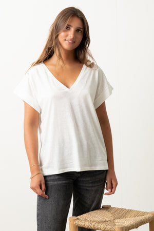 tee shirt écru, blanc cassé femme col V en lin et coton