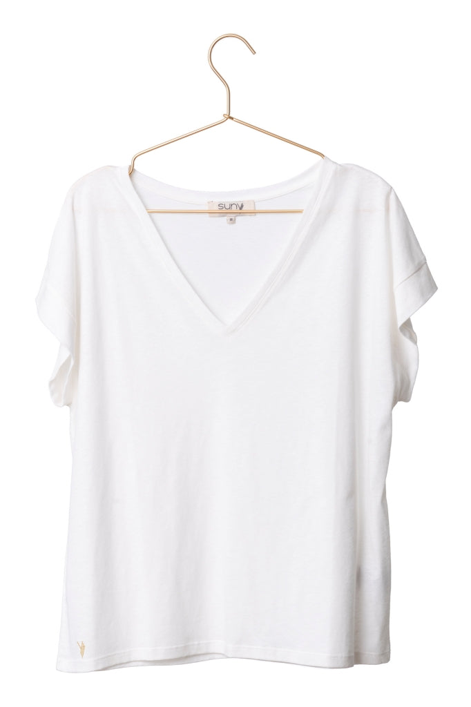 tee shirt écru, blanc cassé femme col V en lin et coton
