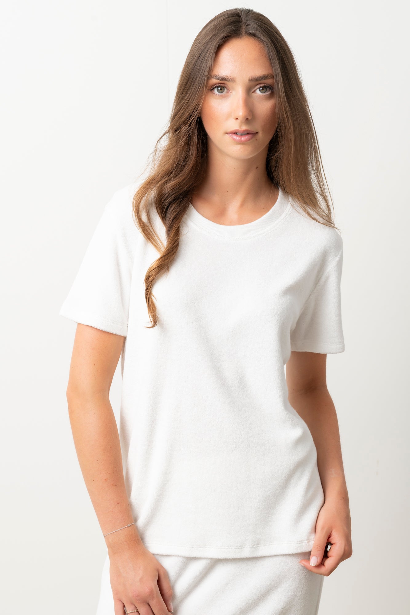 T-shirt Irène blanc laitage Suny en éponge bouclette coton bio certifié GOTS, col rond, manches courtes