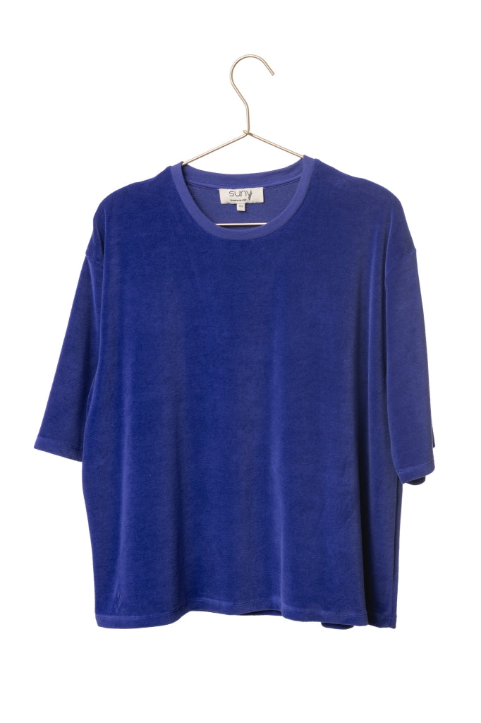 Tee-shirt HERMINE en velours de coton bio bleu outremer – coupe oversize et douce
