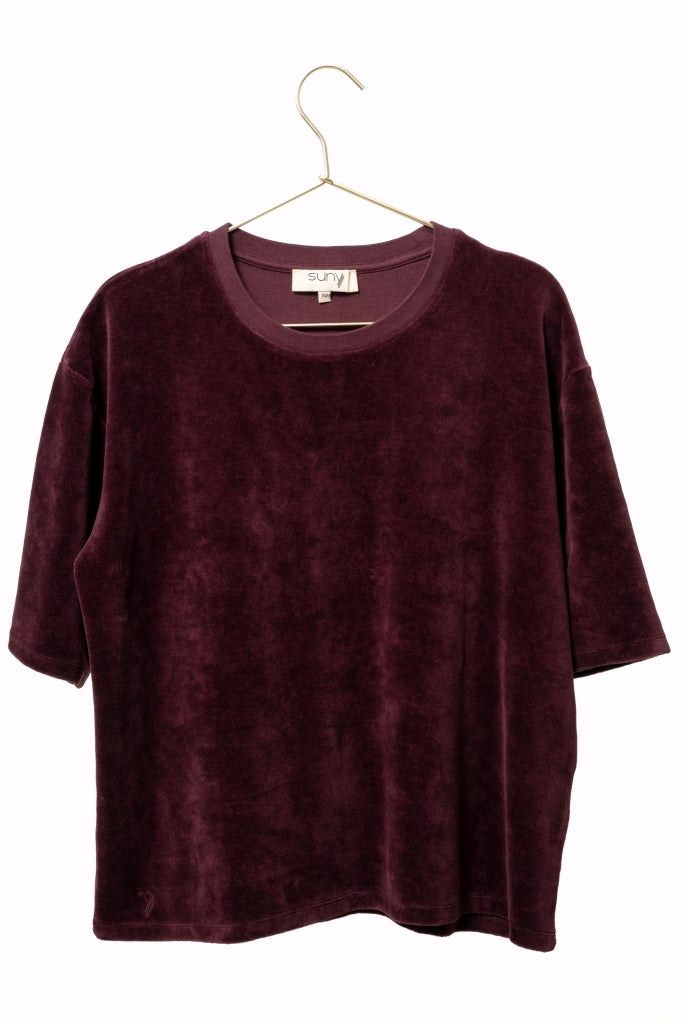 Tee-shirt HERMINE en velours bordeaux  – coton bio GOTS, coupe oversize  marque suny