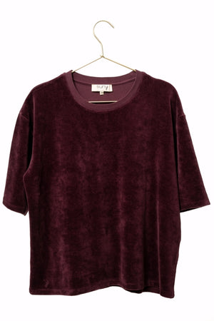Tee-shirt HERMINE en velours bordeaux  – coton bio GOTS, coupe oversize  marque suny