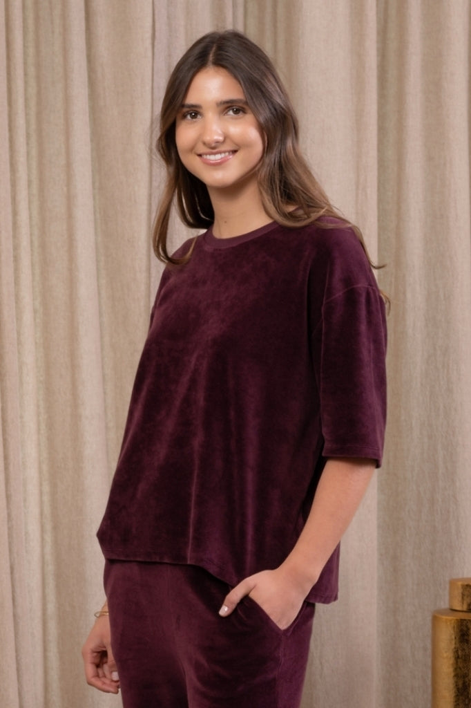 Tee-shirt HERMINE en velours bordeaux  – coton bio GOTS, coupe oversize