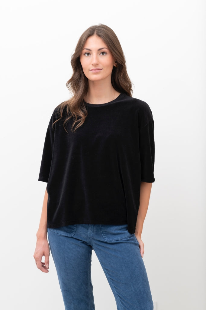 Tee-shirt HERMINE en velours noir très noir – coton bio, coupe ample