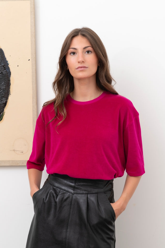 Tee-shirt HERMINE en velours rose fuchsia – coton bio GOTS, coupe oversize