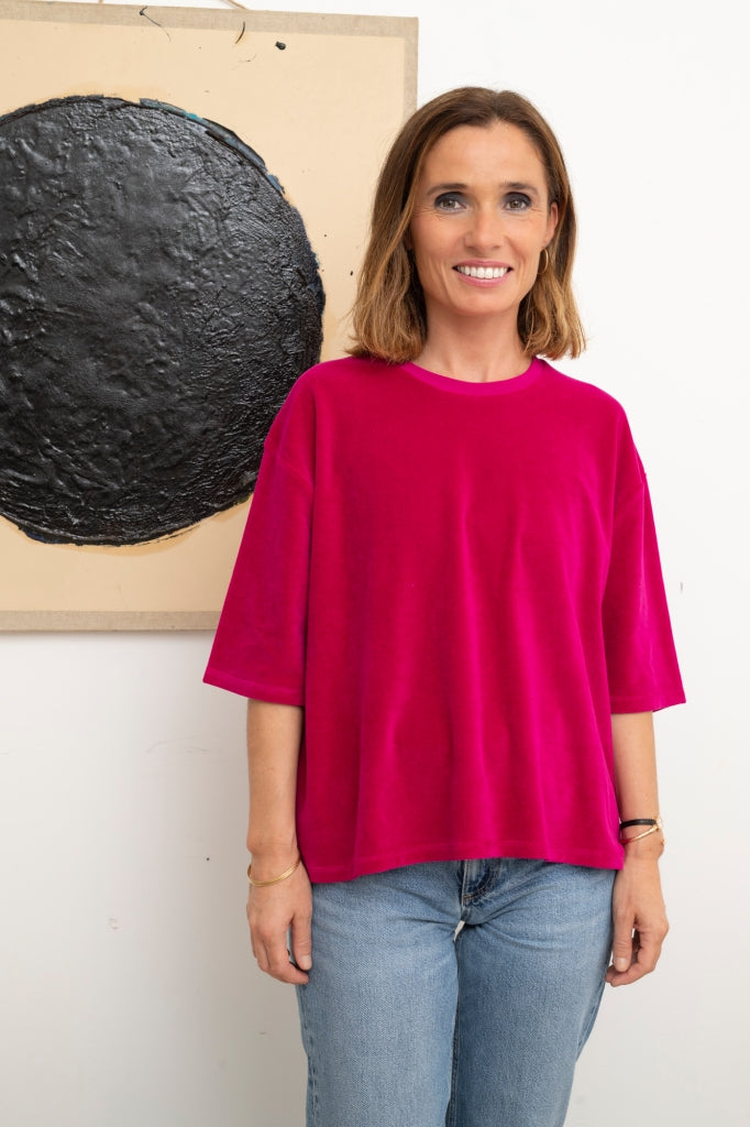 Tee-shirt HERMINE en velours rose fuchsia – coton bio GOTS, coupe oversize