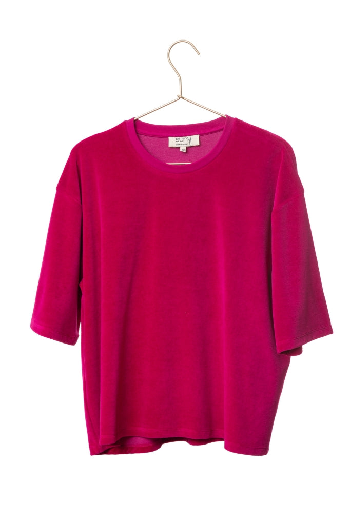 Tee-shirt HERMINE en velours rose fuchsia – coton bio GOTS, coupe oversize