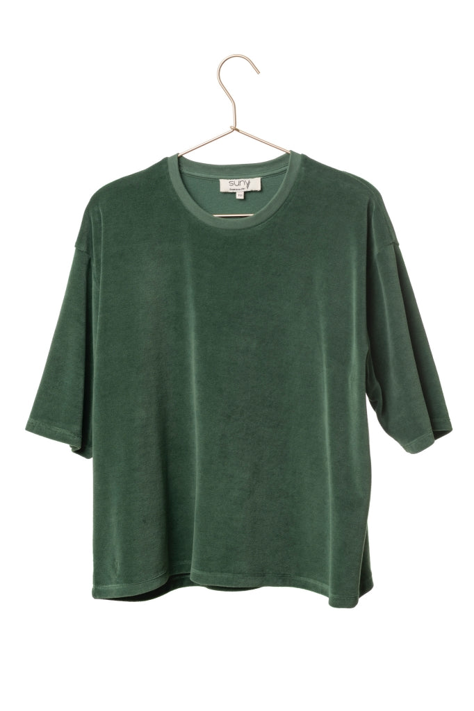 Tee-shirt HERMINE en velours vert d’hiver – coton bio GOTS, coupe oversize