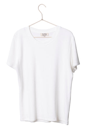 Détail de l’éponge bouclette du t-shirt Irène blanc laitage Suny, coton biologique certifié GOTS