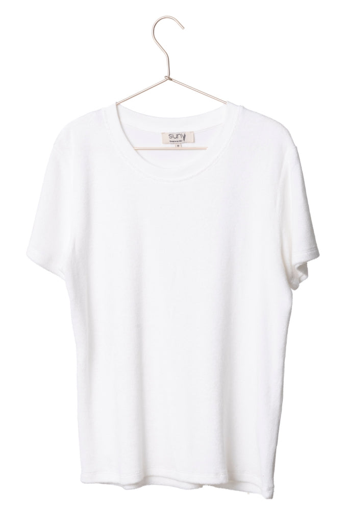 Détail de l’éponge bouclette du t-shirt Irène blanc laitage Suny, coton biologique certifié GOTS