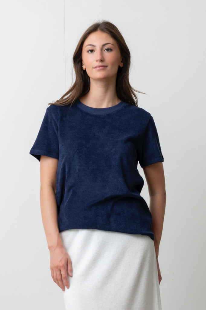 T-shirt Irène marine foncé Suny en éponge bouclette coton bio certifié GOTS, col rond, manches courtes
