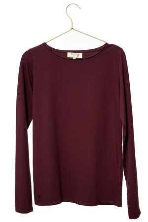 Tee-shirt JUNE bordeaux femme en coton bio manches longues col évasé roulotté Suny