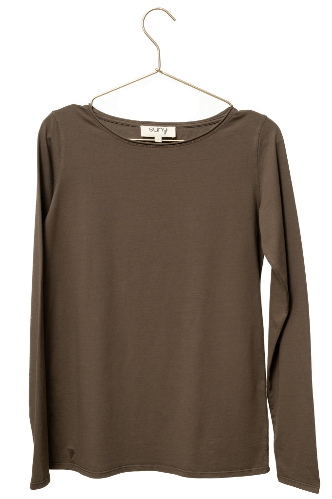 Tee-shirt JUNE café femme manches longues en coton bio avec col roulotté Suny