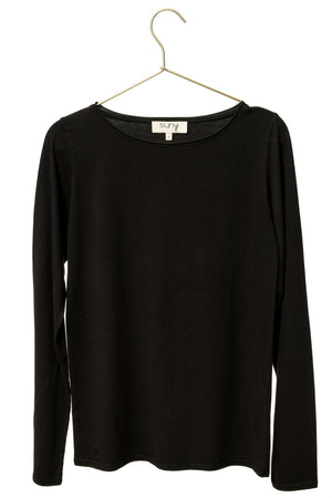 Tee-shirt JUNE noir noir femme manches longues en coton bio avec col évasé roulotté Suny