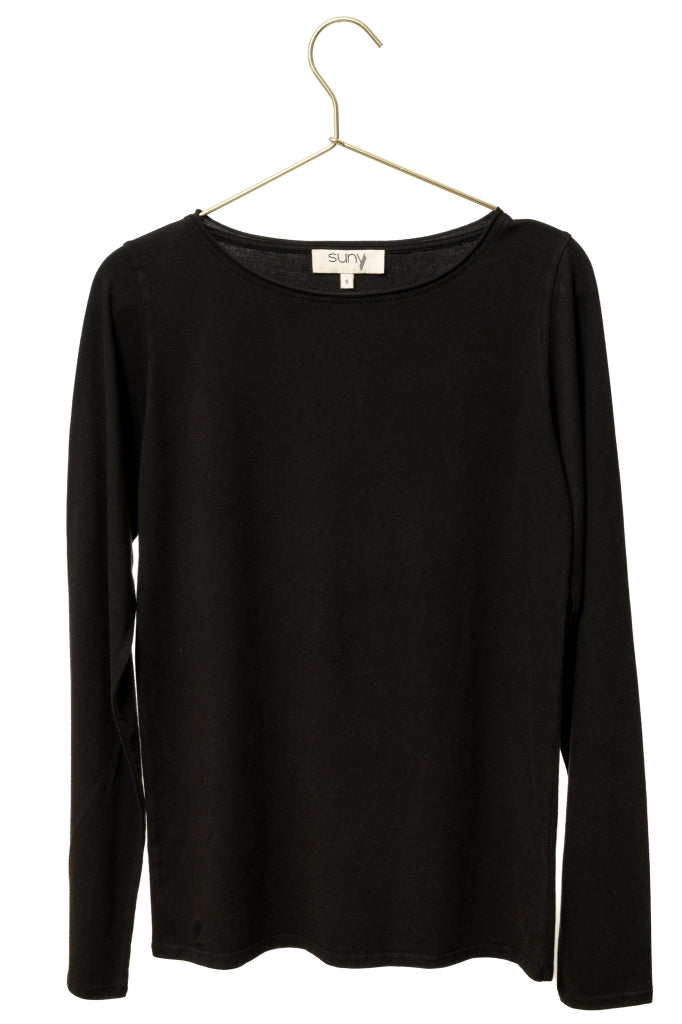 Tee-shirt JUNE noir noir femme manches longues en coton bio avec col évasé roulotté Suny