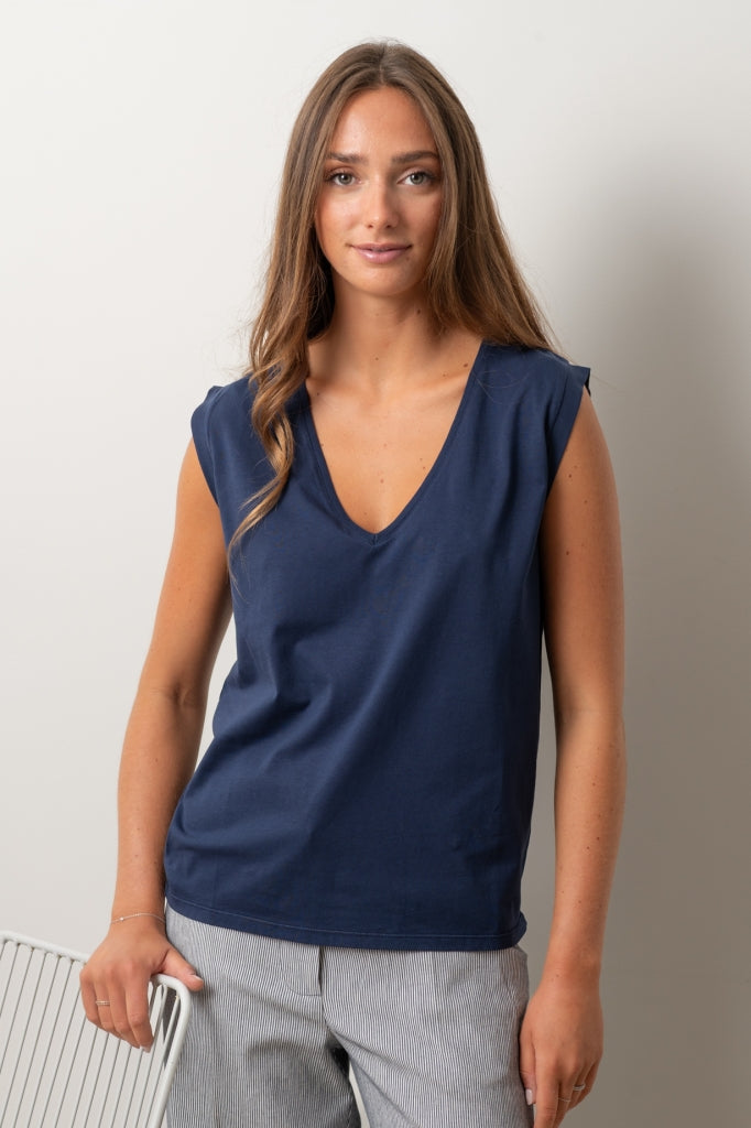 Tee-shirt Relax V Suny marine foncé pour femme – col V, coton bio certifié GOTS, jersey 160 g/m²