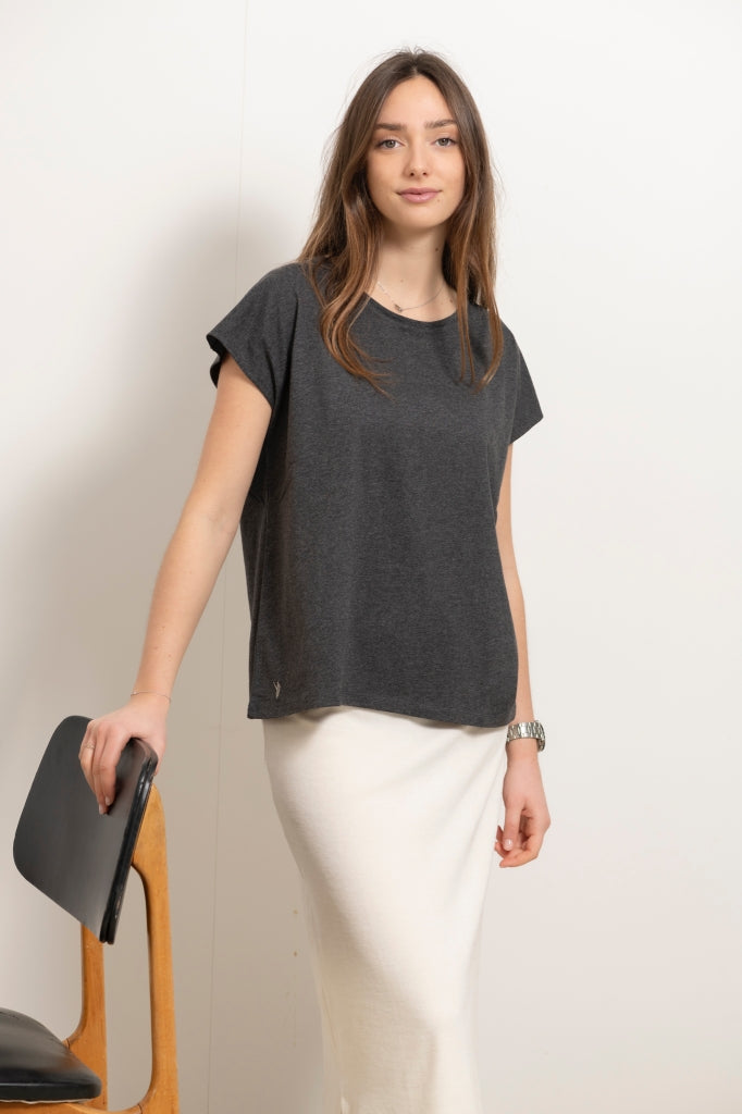 tee shirt rock en coton upcyclé femme manche courte gris anthracite chiné