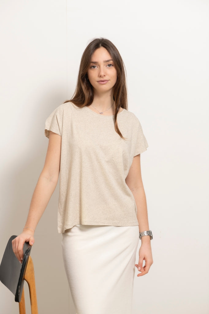 tee shirt rock en lin et coton upcyclé femme manche courte beige chiné