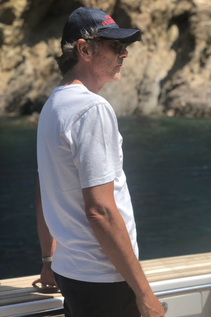 Tee-shirt basique homme manche courte coupe droite, col rond avec double surpiqûre à l’encolure, coton lourd biologique certifié GOTS molleton blanc beige, blanc cassé, beige, écru, blanc pâle