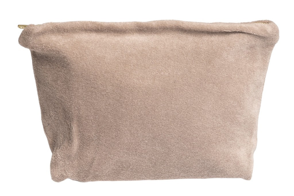 Trousse Georges taupe Suny en éponge bouclette coton bio certifié GOTS, trousse de toilette femme