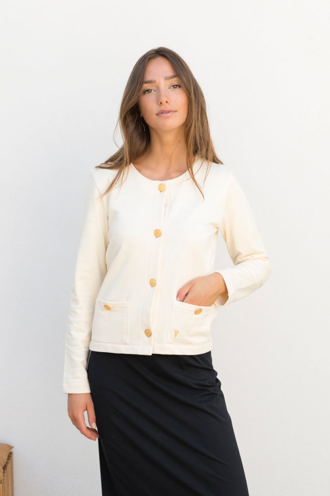 Veste Boutonnée Femme Manches Longues Coton Enduit Beige - Rose Grow Taille M