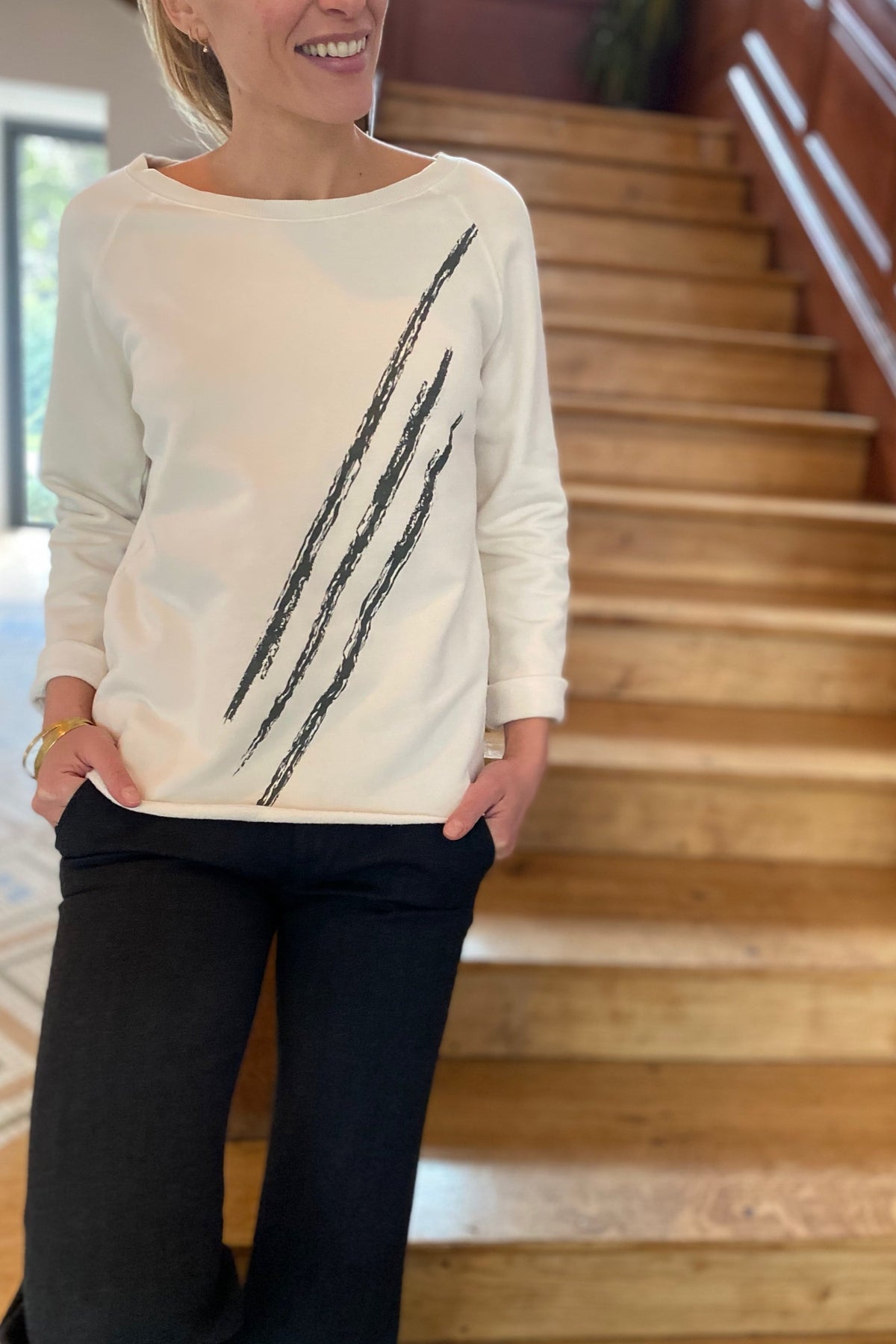 weat femme col rond evase molleton bio forme droite ecru print graphique easy suny