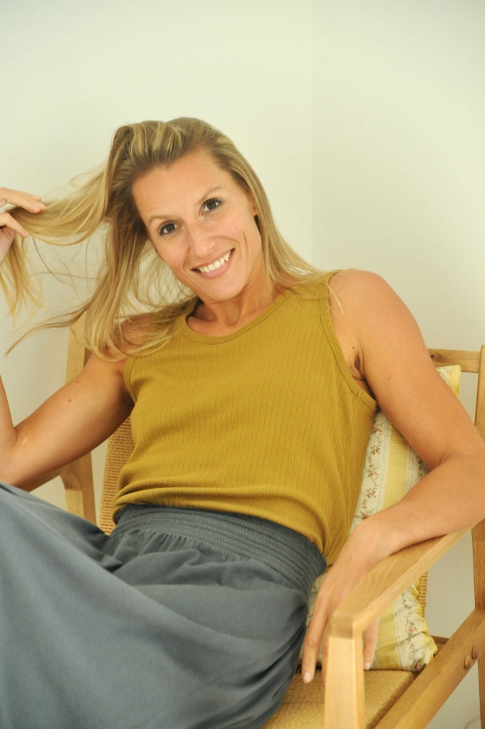 Débardeur suny col rond en coton biologique pour femme fabrication locale et certifiée GOTS havane, tabac, marron