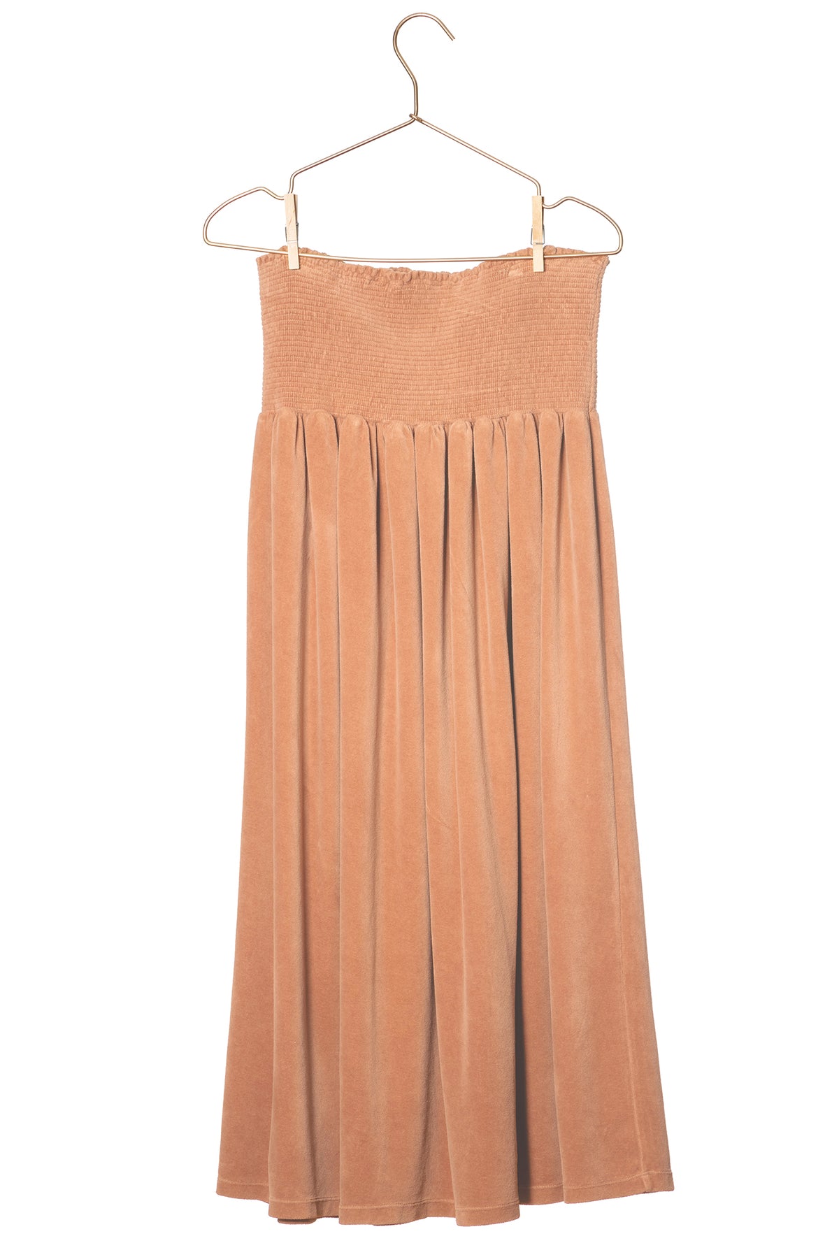 Jupe longue fluide smock à la taille jupon smocké femme, en velours de coton bio GOTS eco responsable de couleur rose vieux rose