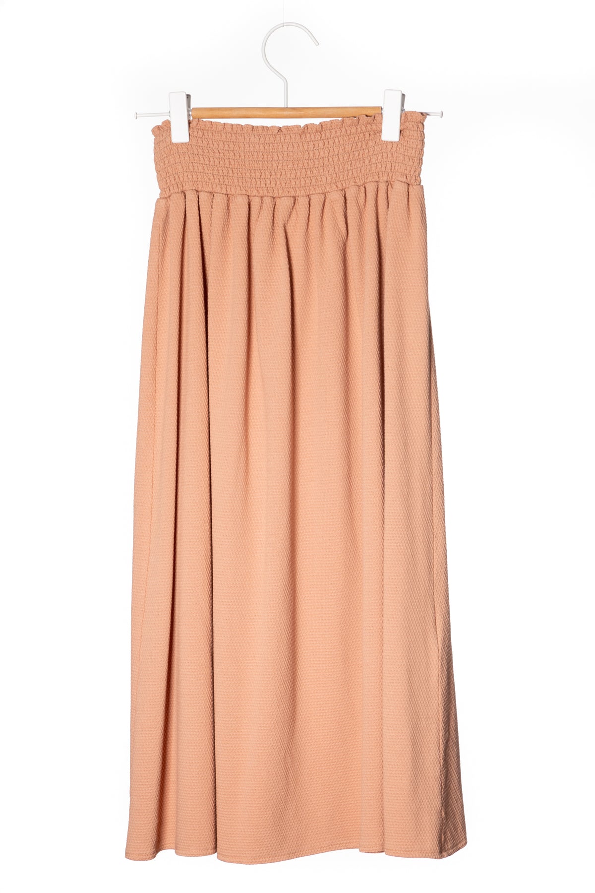Jupe mi-longue femme fluide smock à la taille jupon smocké jersey de coton bio GOTS éco-responsable robe bustier robe de plage rose des sables, rose doux, rose corail, rose brun, rose orange, vieux rose, rose ancien, rose beige, rose caramel
