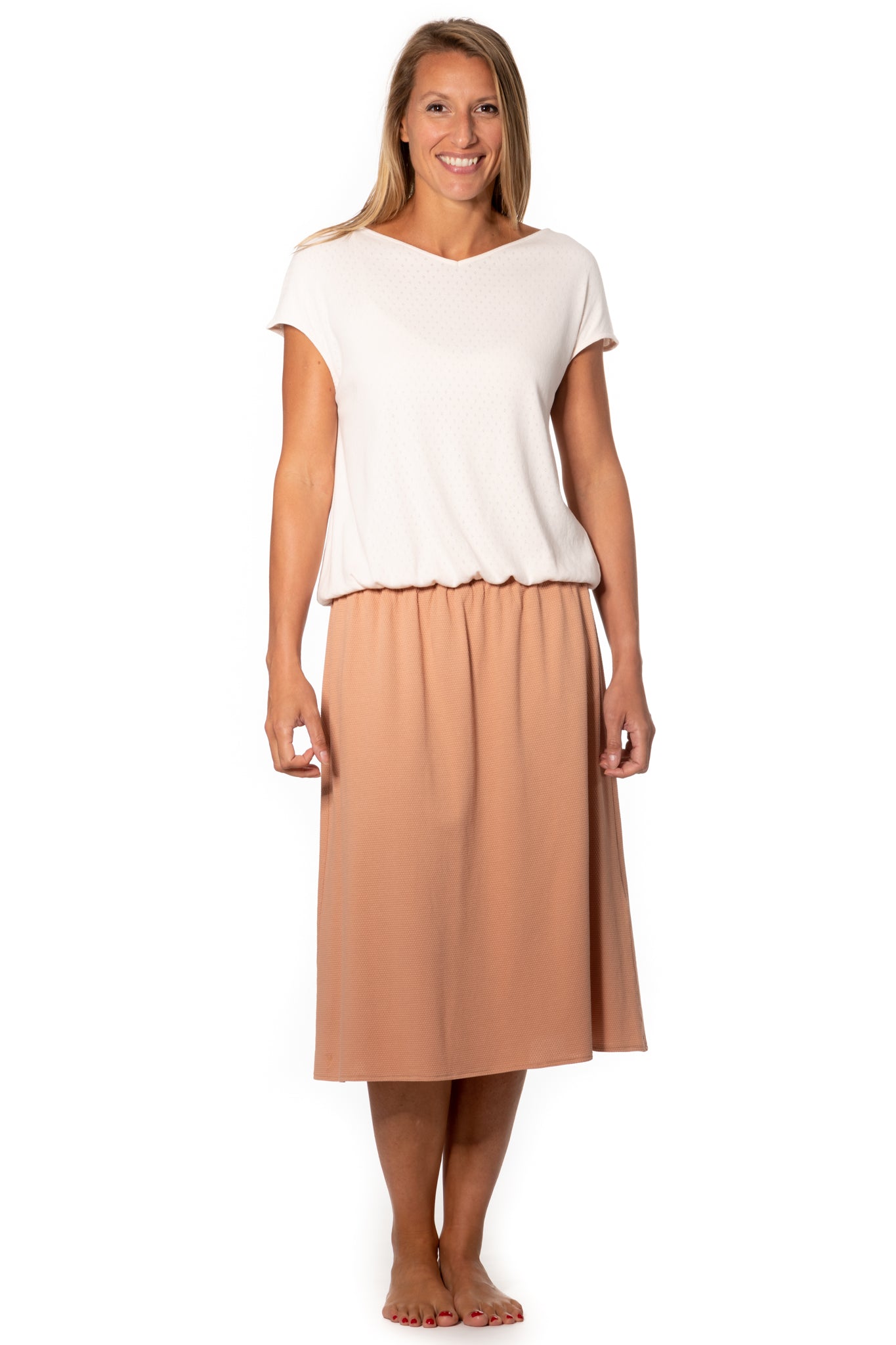 Jupe mi-longue femme fluide smock à la taille jupon smocké jersey de coton bio GOTS éco-responsable robe bustier robe de plage rose des sables, rose doux, rose corail, rose brun, rose orange, vieux rose, rose ancien, rose beige, rose caramel